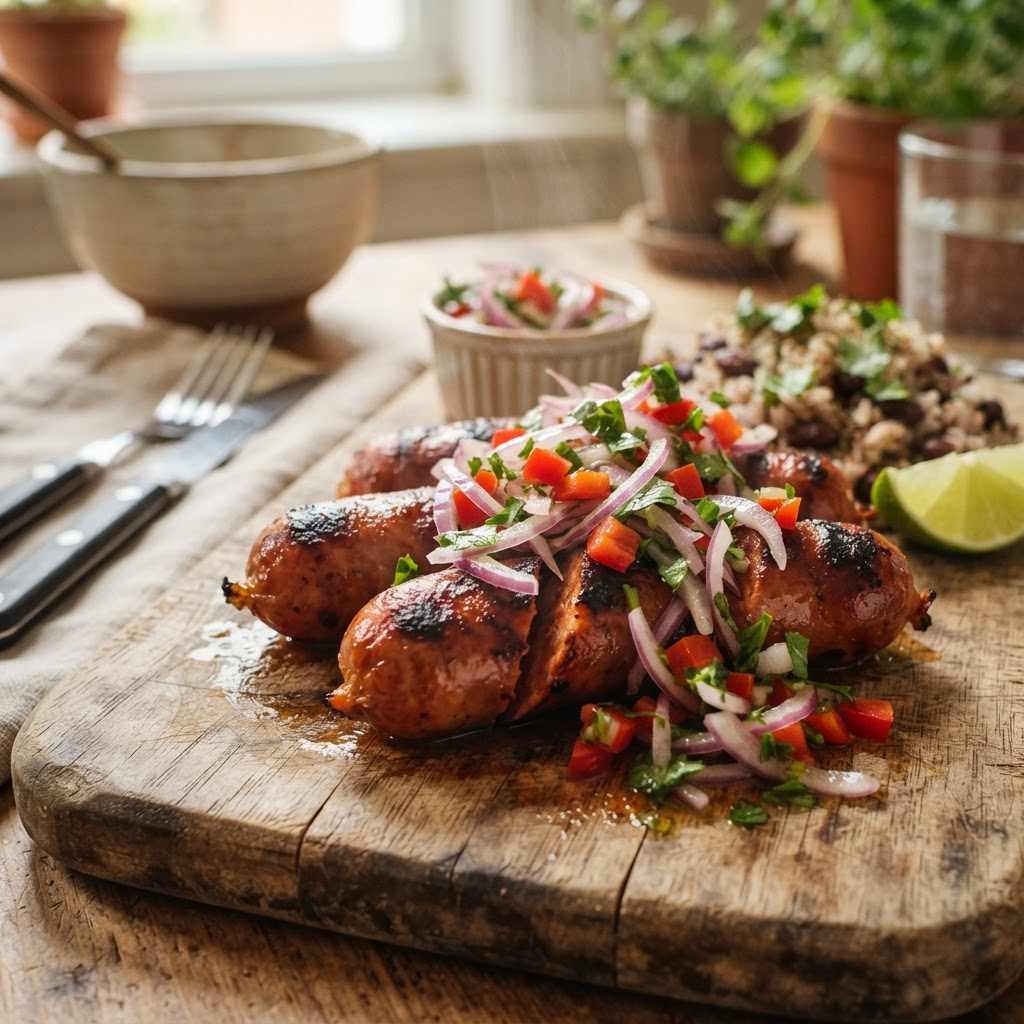 Chorizo de Pollo con Salsa Criolla