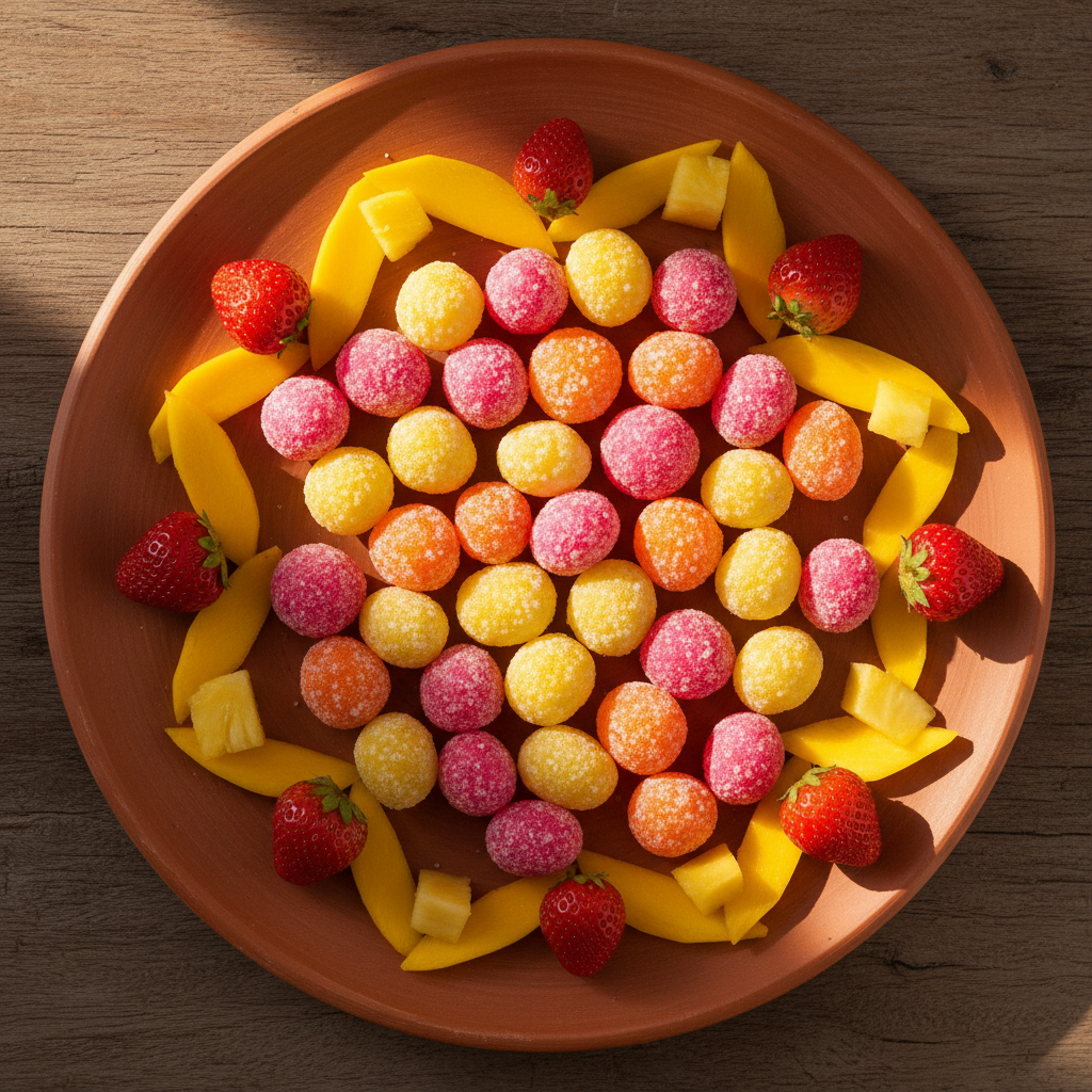 Colorful Mabuyu arranged on a plate with fresh fruits