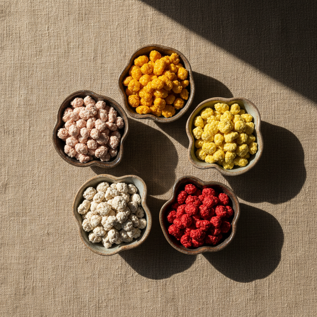 All six Mabuyu flavor varieties arranged in bowls