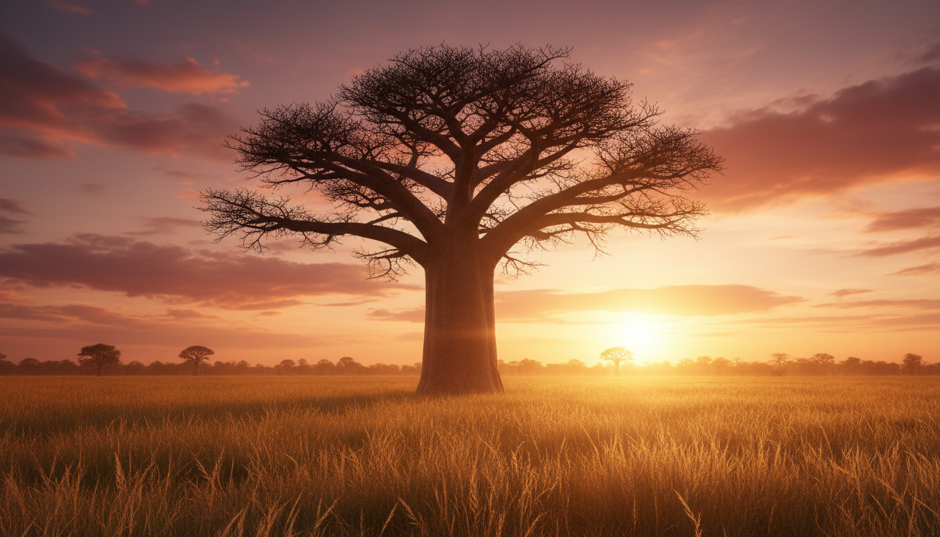 Majestic African baobab tree at sunset