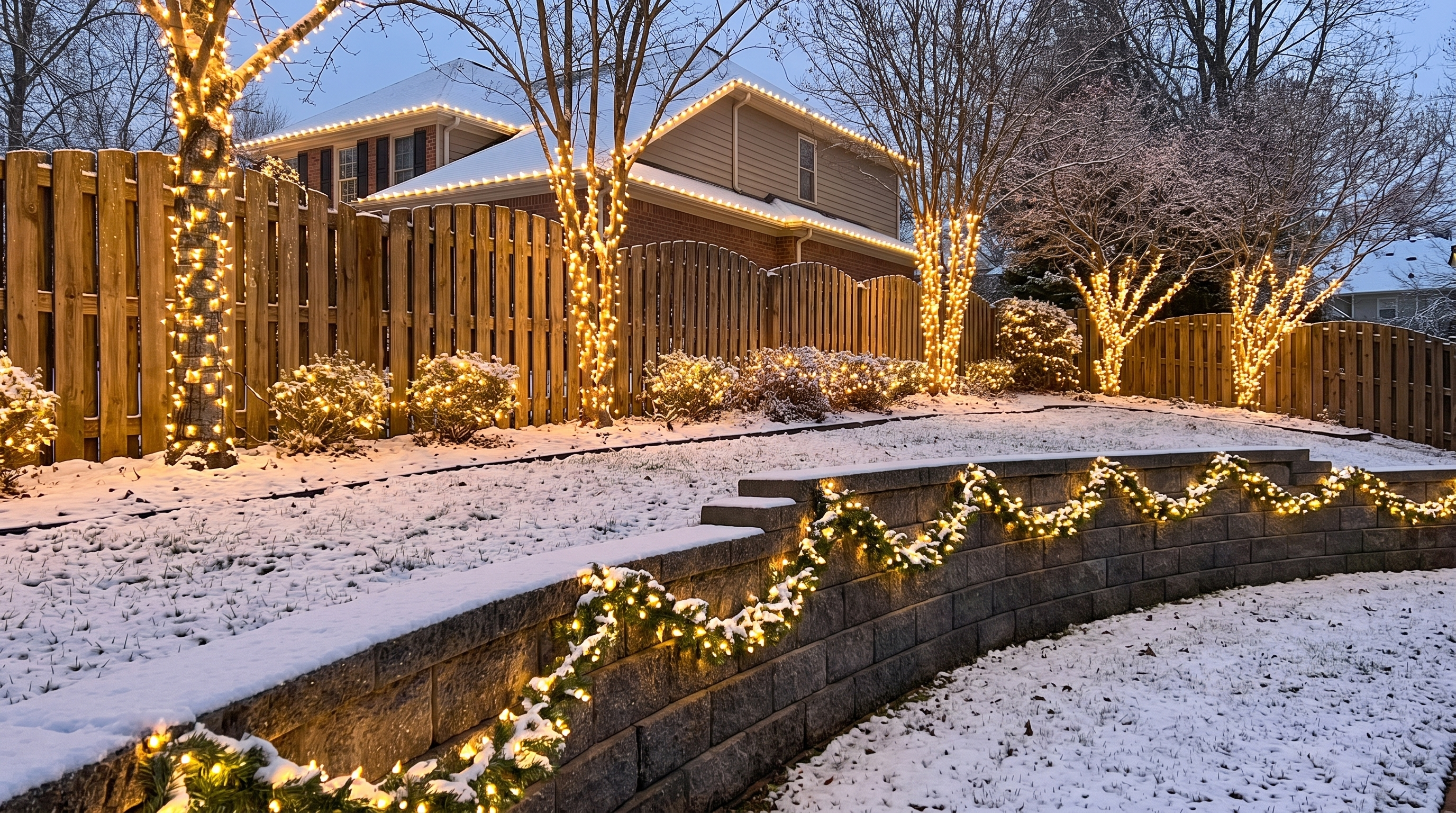 Lit garland along a curved retaining wall