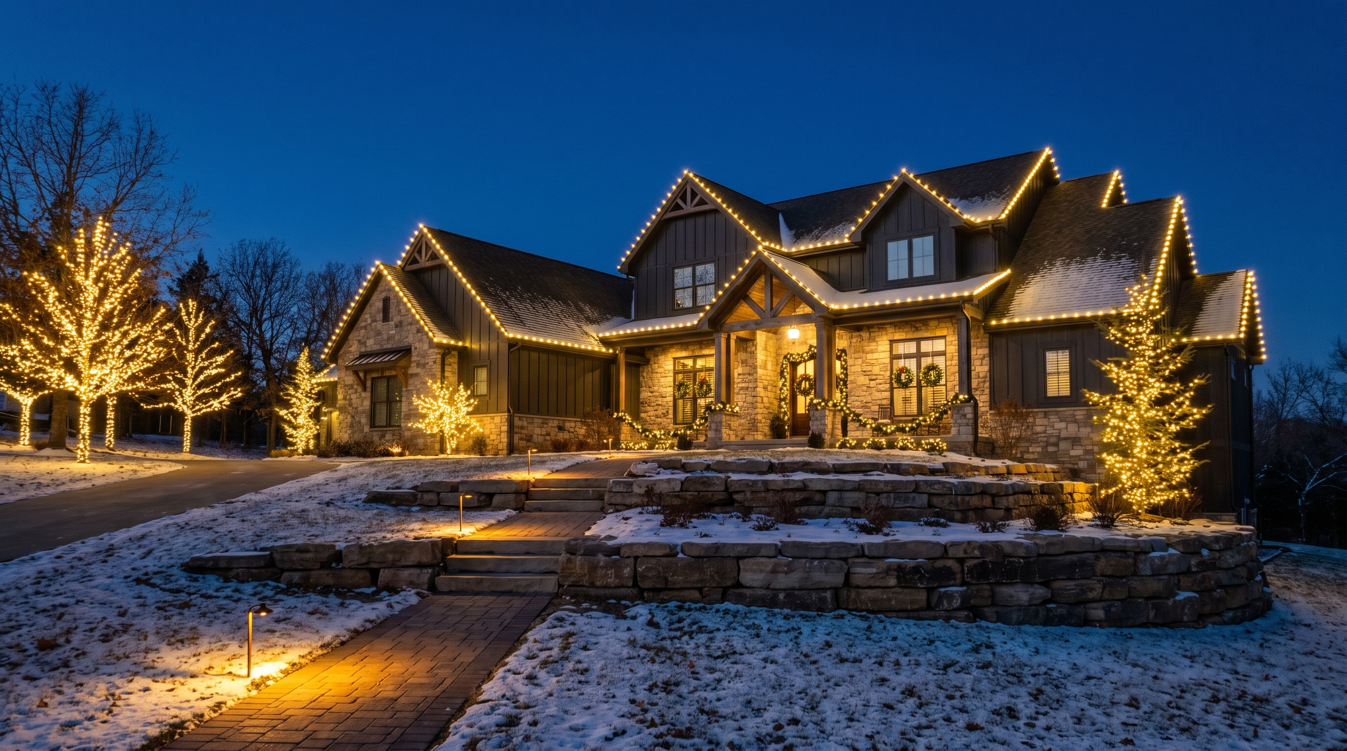 Home with professional Christmas lights at blue hour