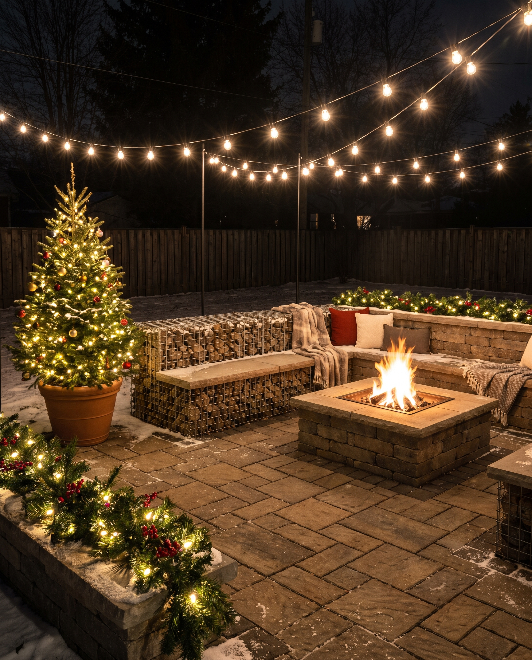 Bistro lights over a paver patio and gabion bench