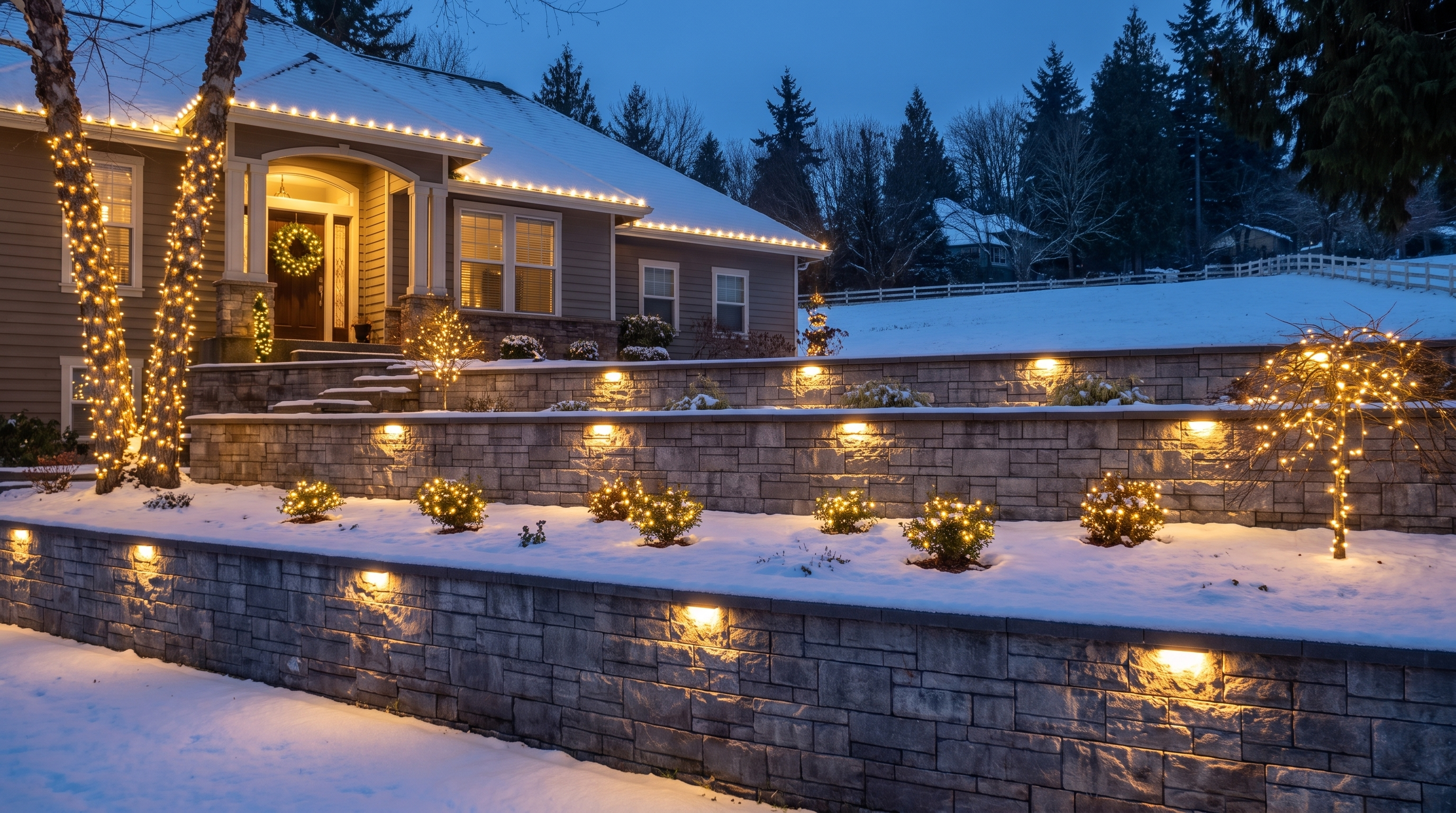 Tiered retaining walls, wrapped trees and roofline lights