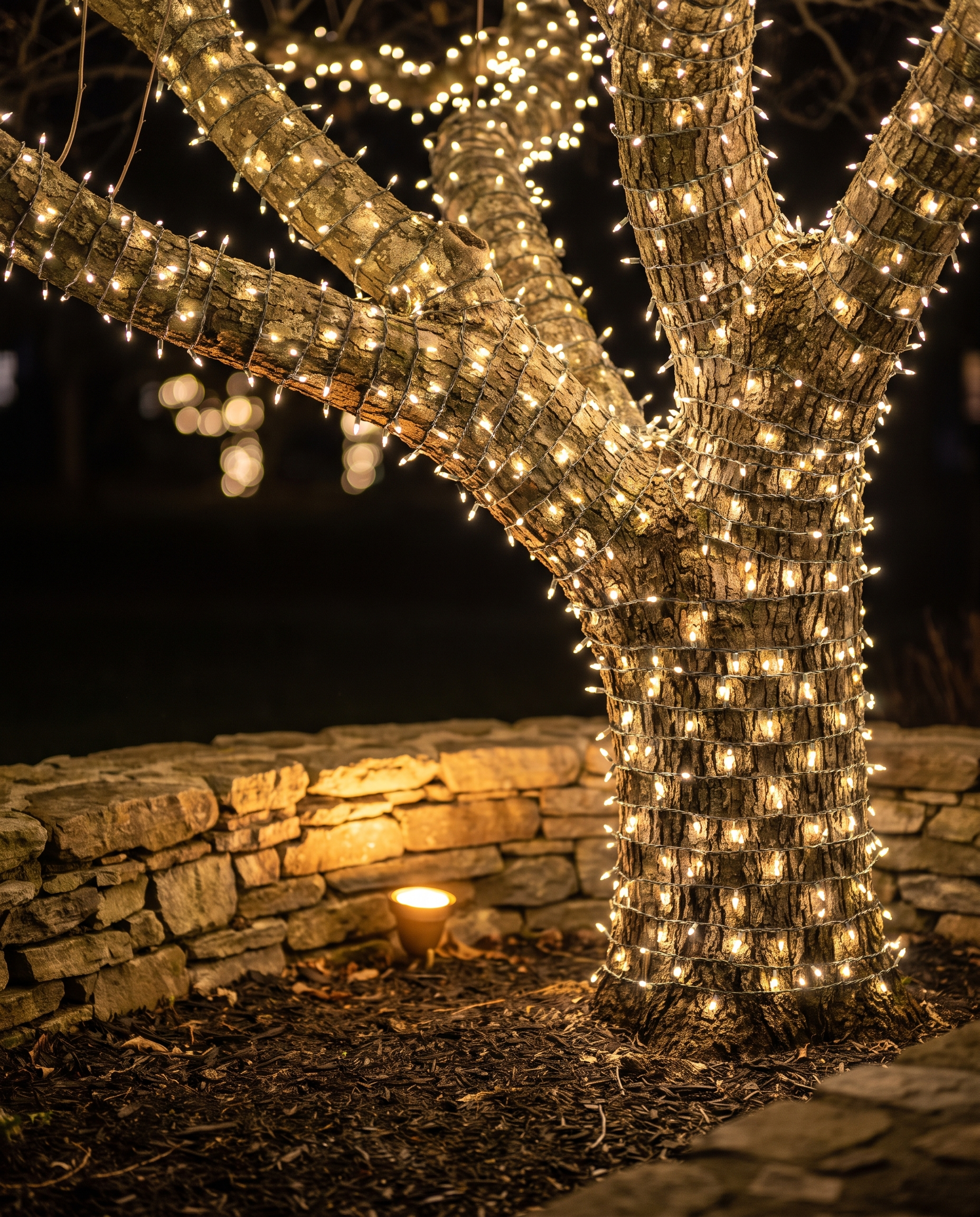 Tight tree wraps above a dry stack stone bed