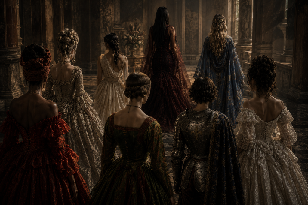 Nine muses in a grand historical hall