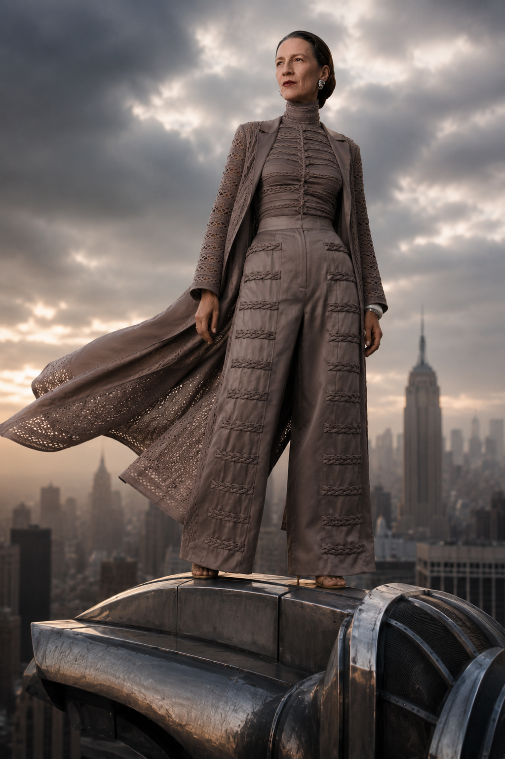 ISALOR editorial interpretation of Diana Vreeland: a model in a taupe ensemble standing on a metal structure against the New York skyline at dusk