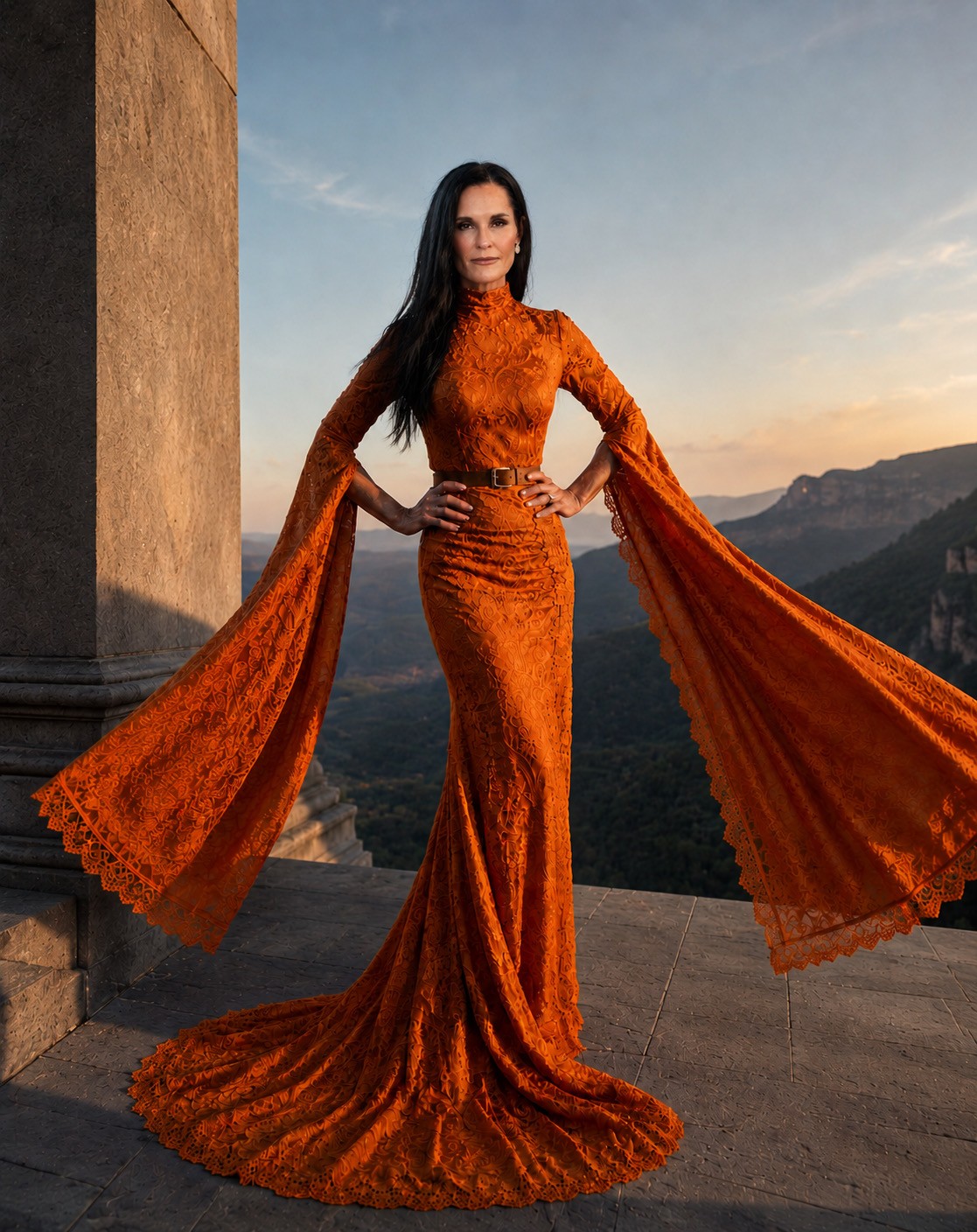 ISALOR portrait of Tawna Kelly: a model in a burnt-orange lace gown with dramatic flowing sleeves on a stone terrace at sunset