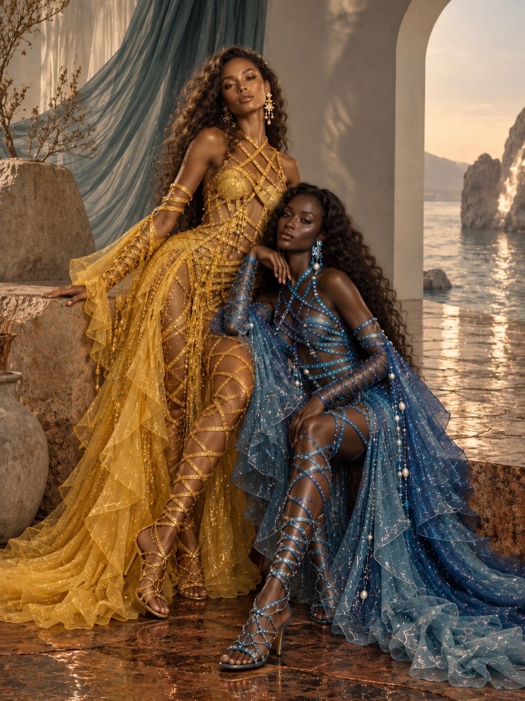 ISALOR editorial homage to Oshun and Yemayá: two models in gold and blue garments beneath a stone archway overlooking the sea at sunset