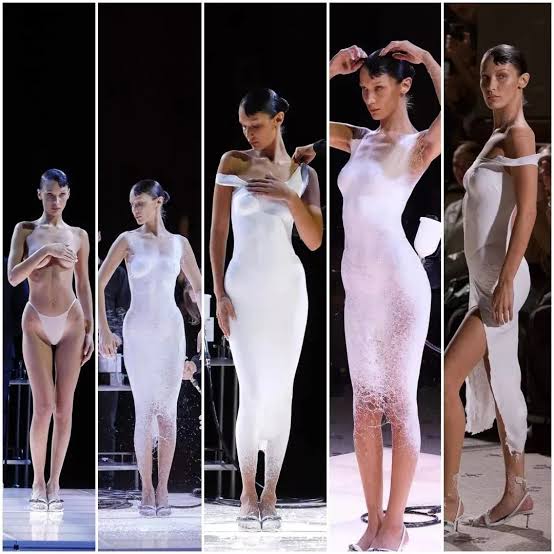 A five-stage sequence documenting the creation of the Coperni spray-on dress, from base layer to finished garment
