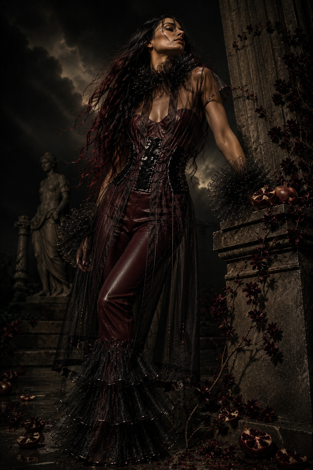 ISALOR editorial interpretation of Persephone: a model in a dark burgundy ensemble beside halved pomegranates and a classical pillar at twilight