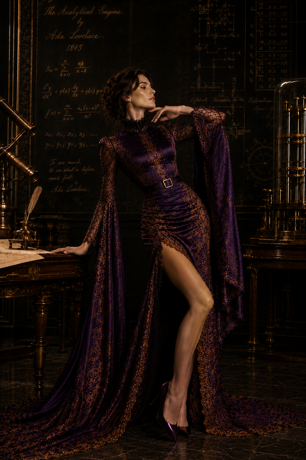 ISALOR editorial interpretation of Ada Lovelace: a model in a copper lace purple gown in a study with the Analytical Engine equations