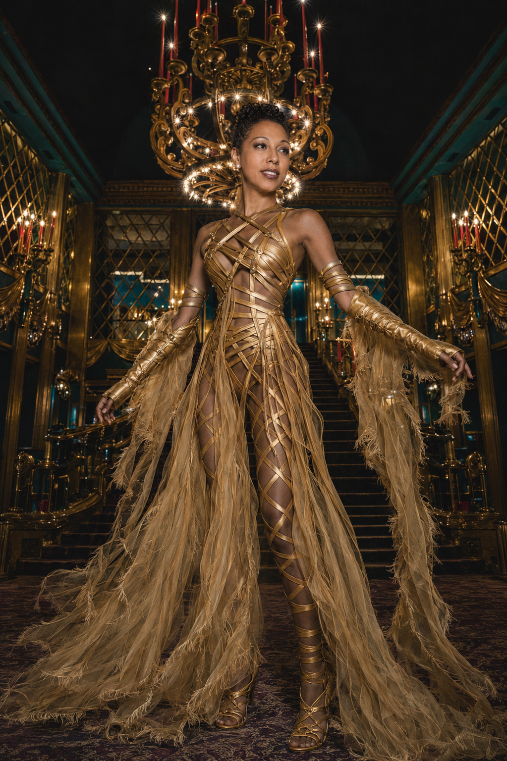 ISALOR editorial interpretation of Josephine Baker: a model in a gold cage-like gown with flowing sleeves beneath a grand chandelier