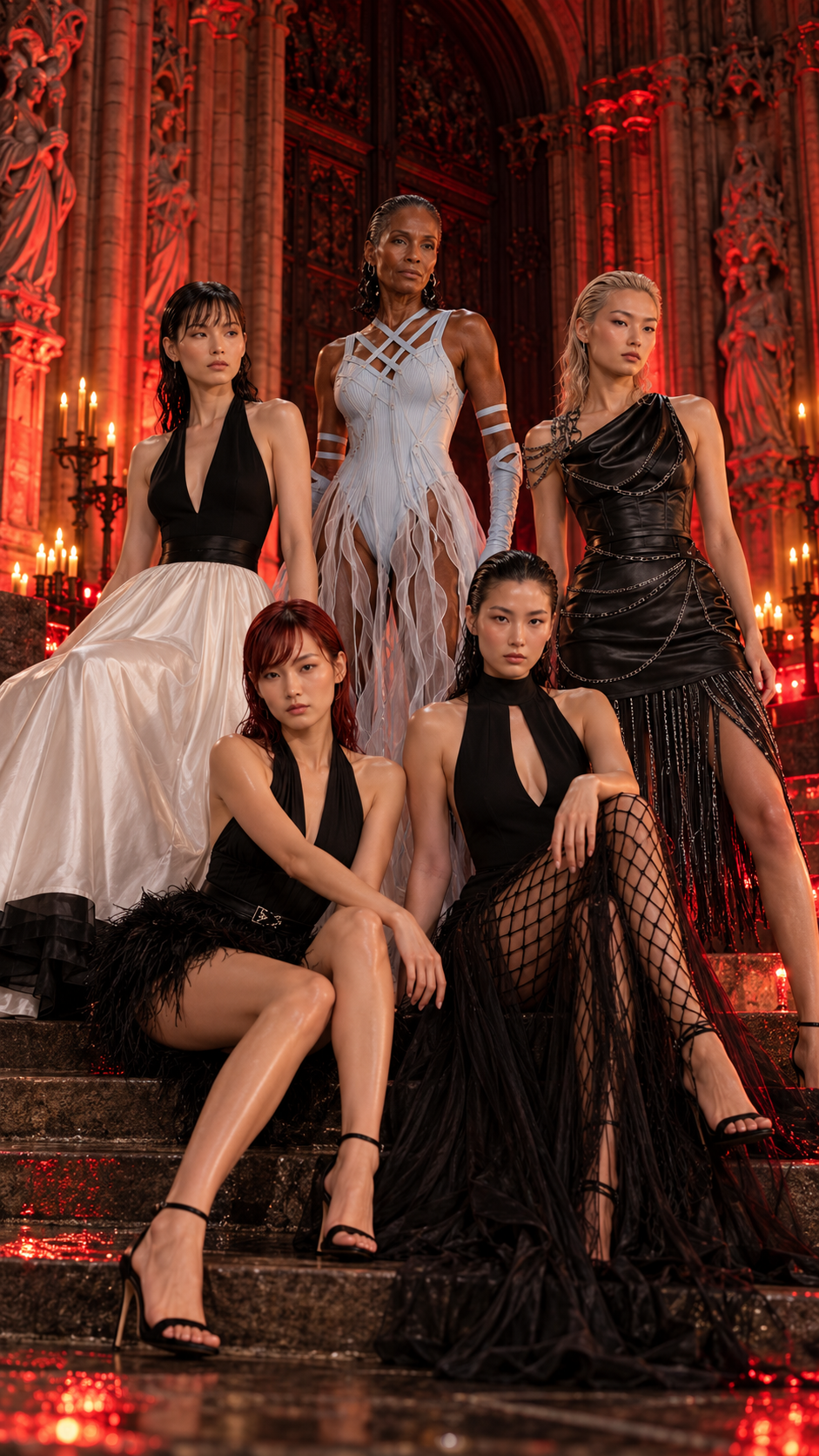 Five ISALOR models in black, white, and contrasting couture silhouettes within a red-lit architectural setting
