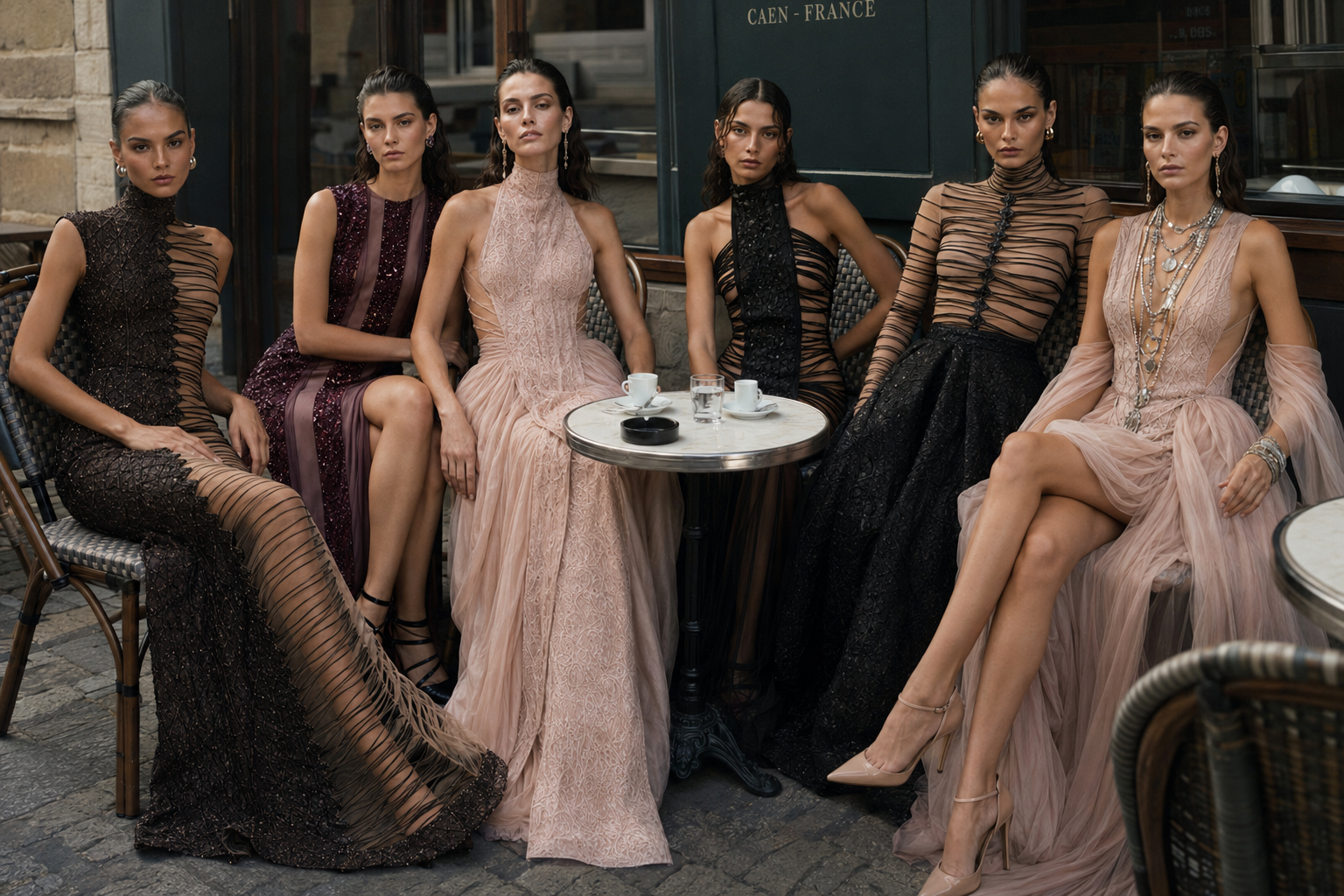 Six models in ISALOR couture seated together at a Parisian café table