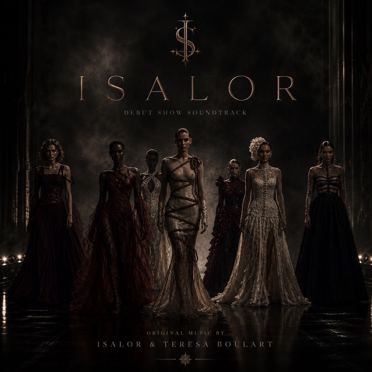 Official ISALOR DEBUT SHOW SOUNDTRACK album cover: seven models in ISALOR couture against a dark theatrical background, with the album title and original music credits