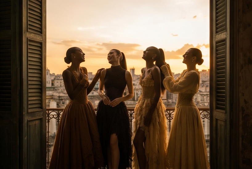 Four women in ISALOR garments gathered on a balcony at sunset, framed by wooden shutters, with the city in the background