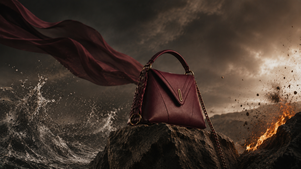 The Vessel — structured burgundy handbag on volcanic rock