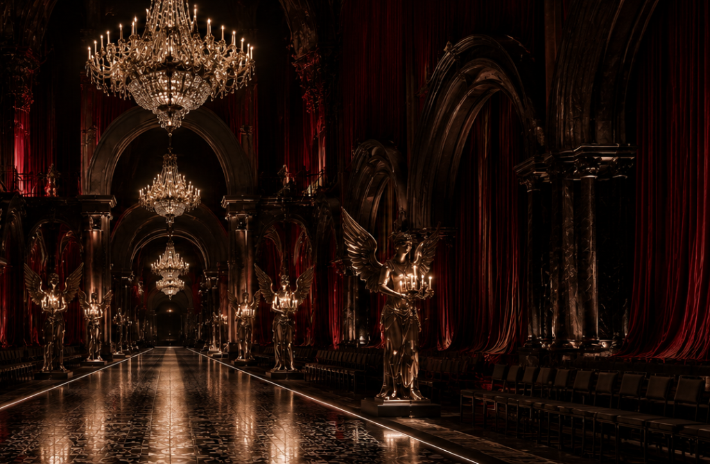 Grand gothic runway hall with chandeliers and red velvet curtains