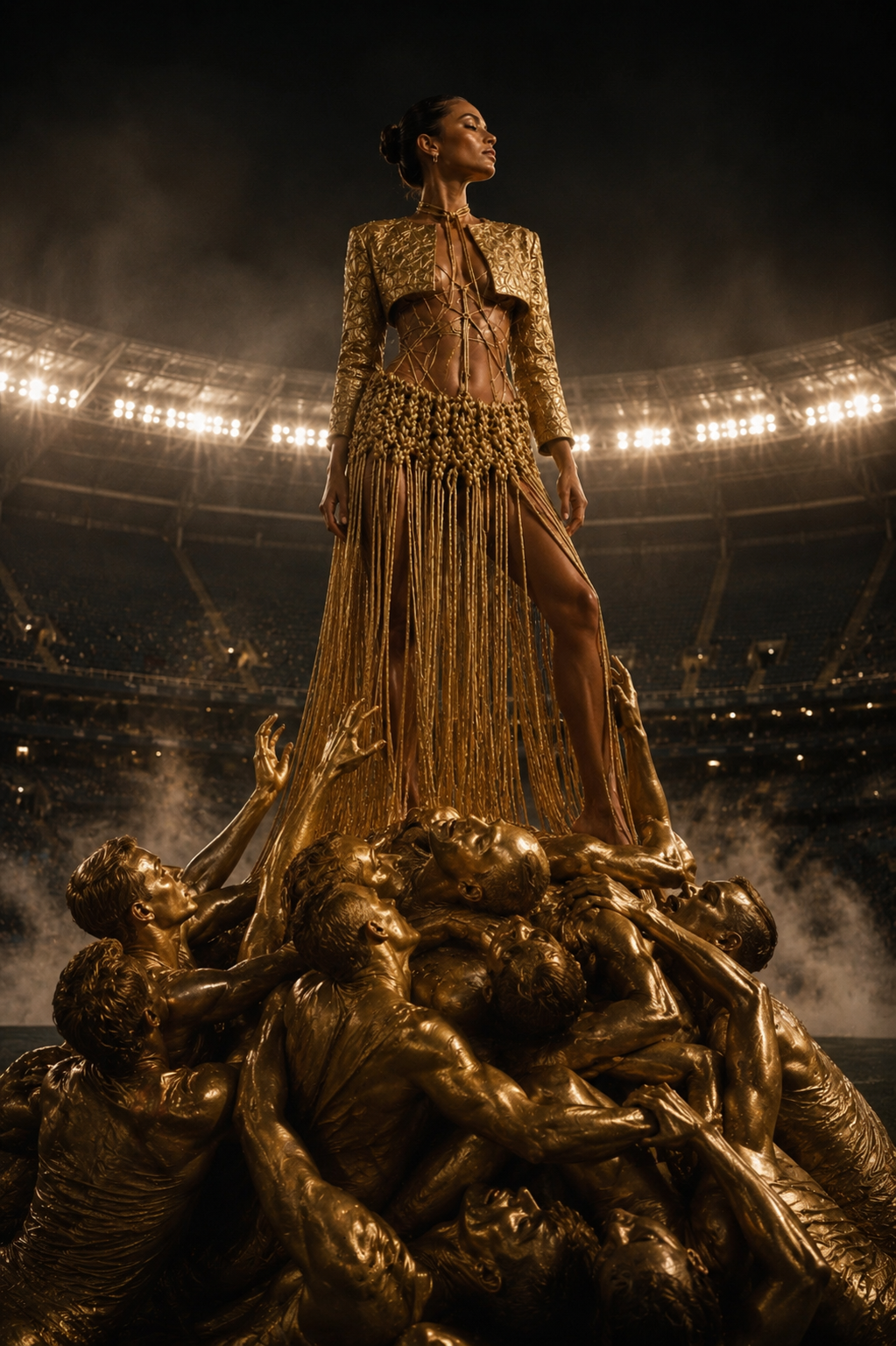 A monumental gold couture figure elevated above sculptural human forms inside an illuminated stadium