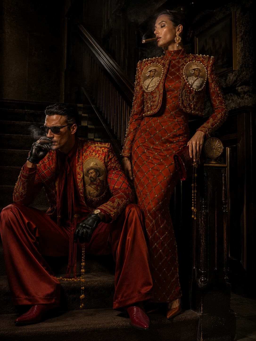 Two figures wearing red-and-gold ISALOR garments within a dark historic interior and staircase