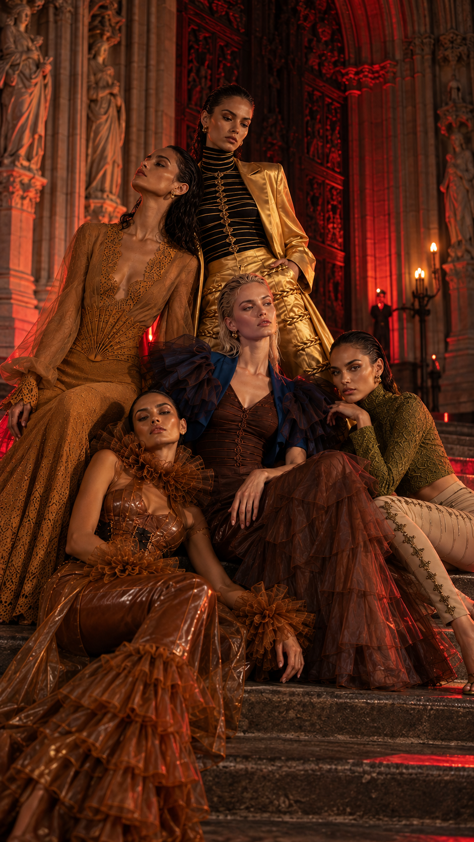 Five ISALOR models in bronze, gold, and earth-toned couture posed together on an illuminated architectural staircase