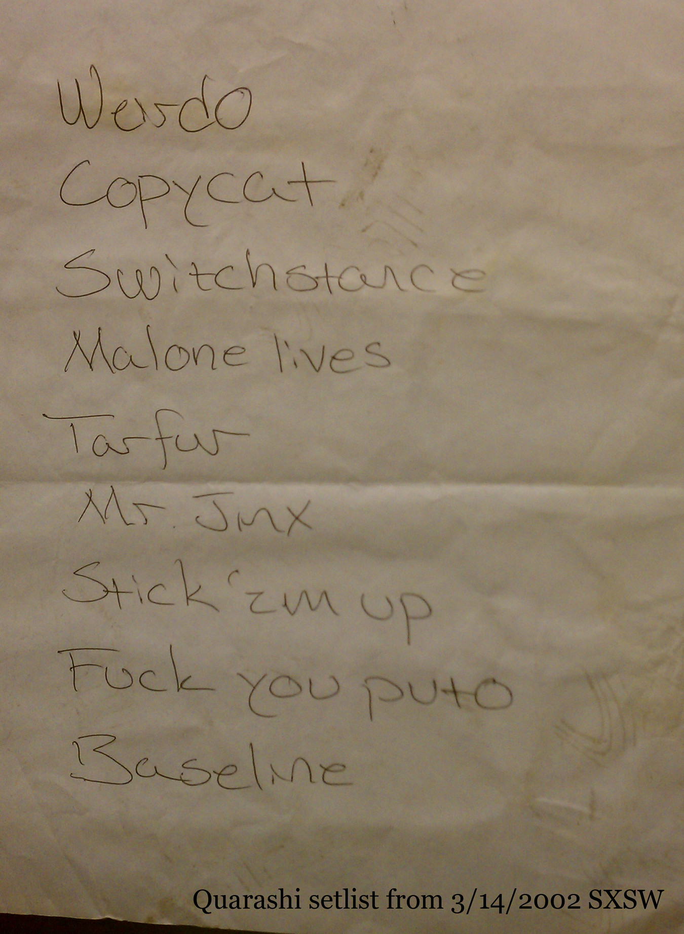 Handwritten setlist from SXSW, March 14, 2002.