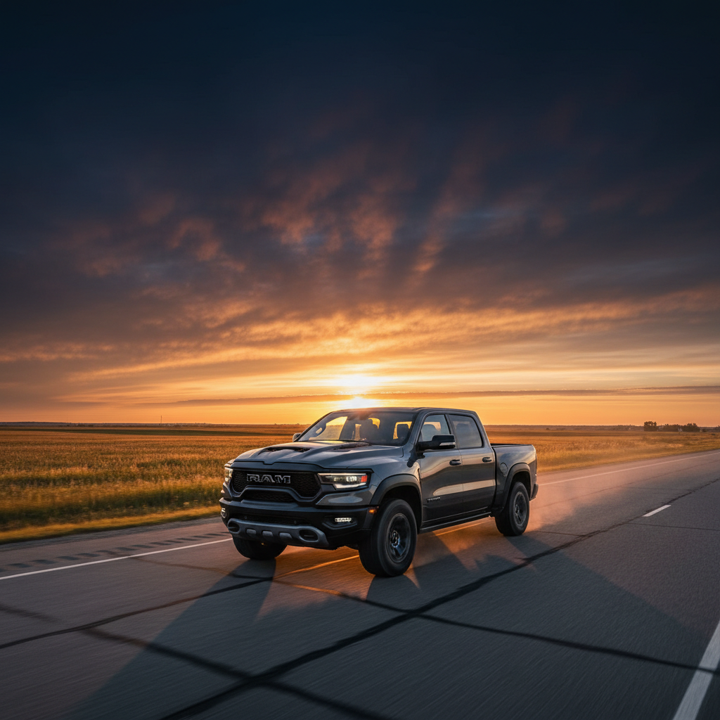 Modern SUV on a Manitoba highway at golden hour