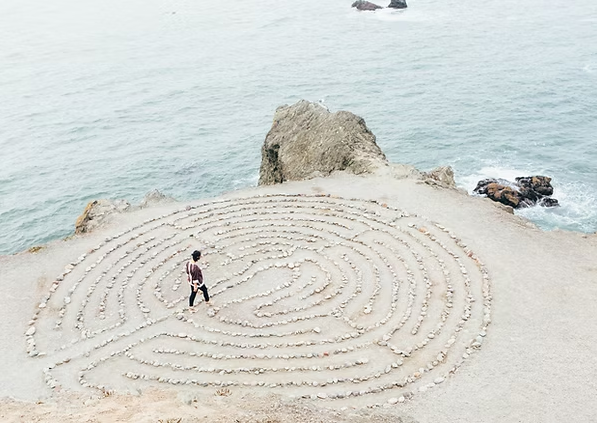 Stone labyrinth on a cliffside overlooking the ocean