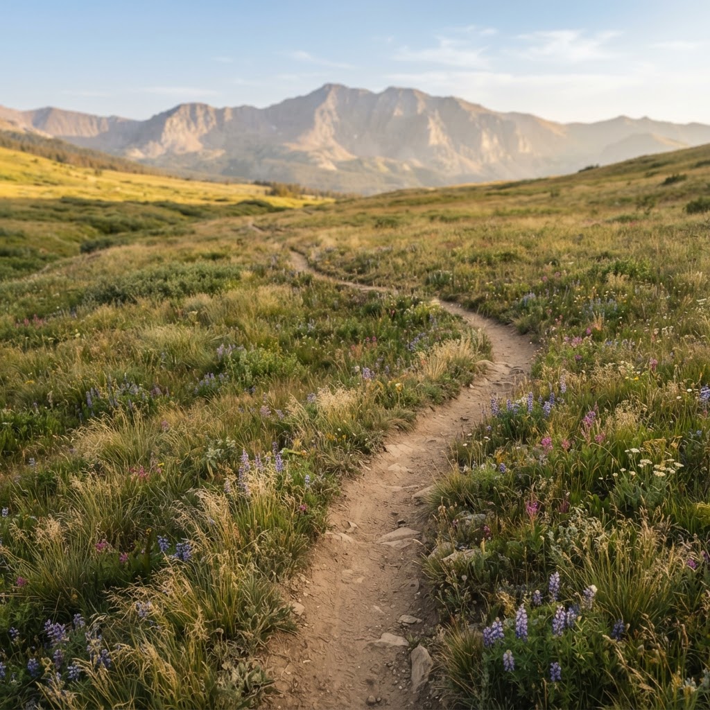 Mountain meadow trail with golden grasses