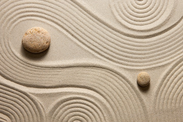 Zen sand garden with raked concentric circles and stones