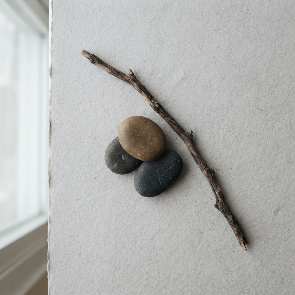 Branch and stones on textured surface