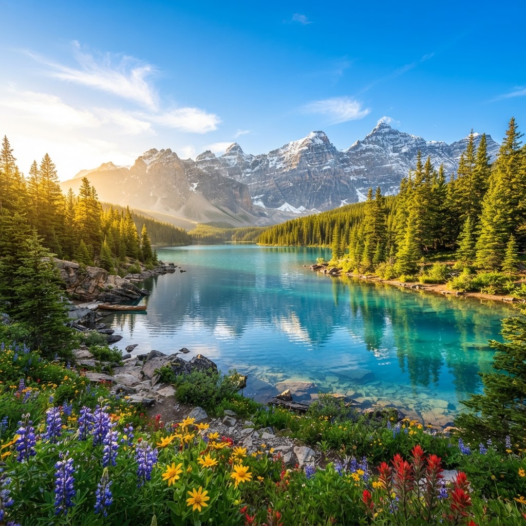 Bright vibrant mountain lake in golden sunlight