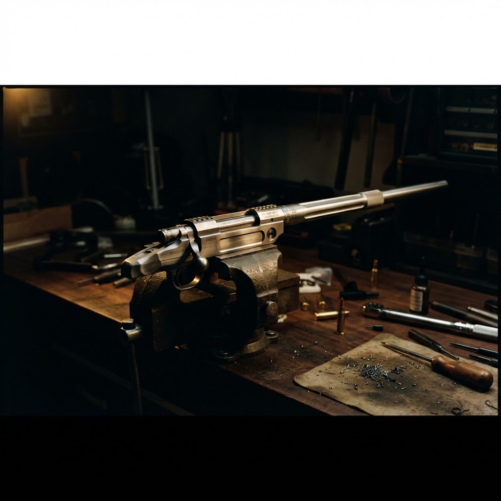 Precision rifle action in a gunsmith's vise under dramatic lighting