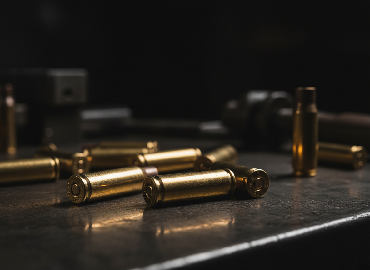 Precision brass casings on dark steel workbench