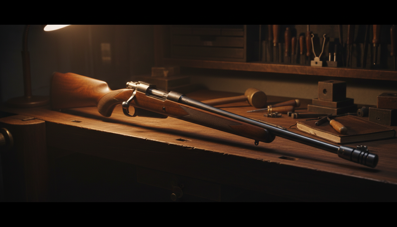 Custom precision rifle on walnut workbench