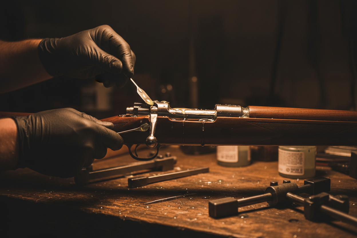 Precision glass bedding of a rifle action