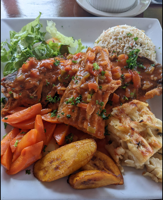 Caribbean stewed fish with plantains