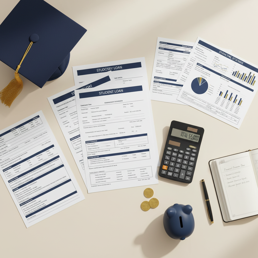 Student loan documents, calculator, and graduation cap representing a clear loan strategy