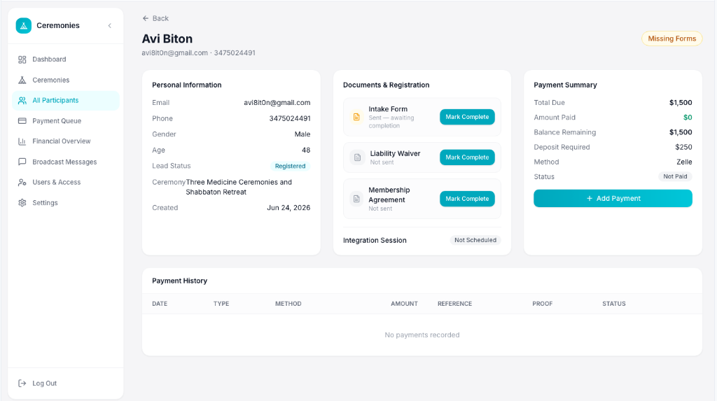 Participant Detail with personal info, document tracking, payment summary, and history