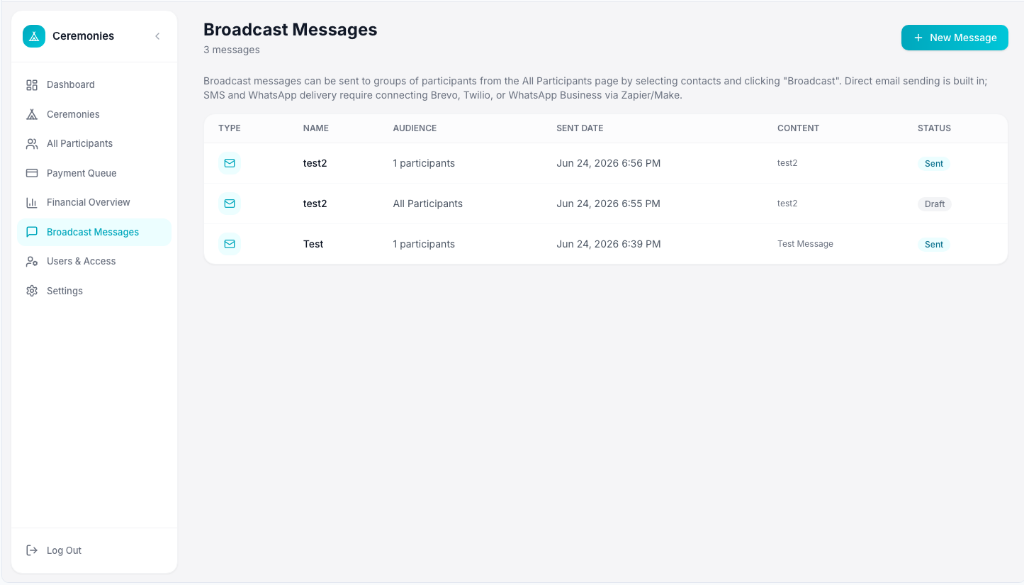 Broadcast Messages table with type icons and delivery status