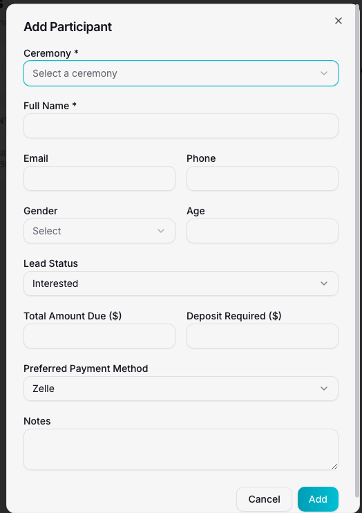 Add Participant dialog — ceremony, contact, and payment fields