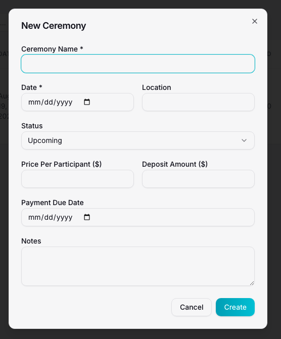 New Ceremony dialog — create form with pricing and deposit fields