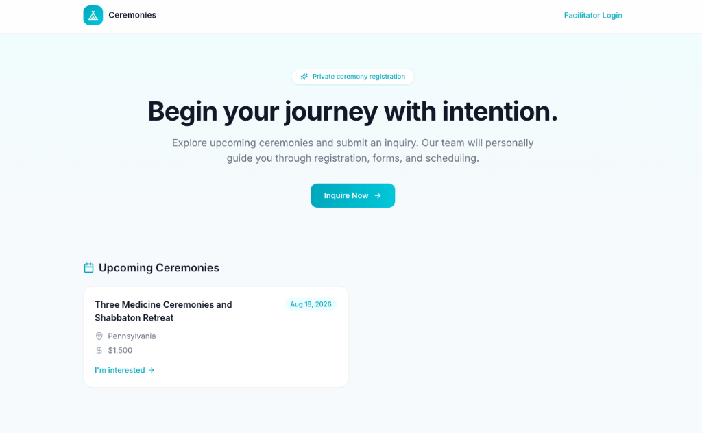 Landing page with hero section, upcoming ceremony card, and inquiry CTA