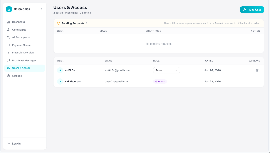 Users & Access with pending requests queue and active user roster
