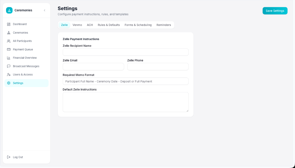 Settings page with Zelle payment instructions tab active