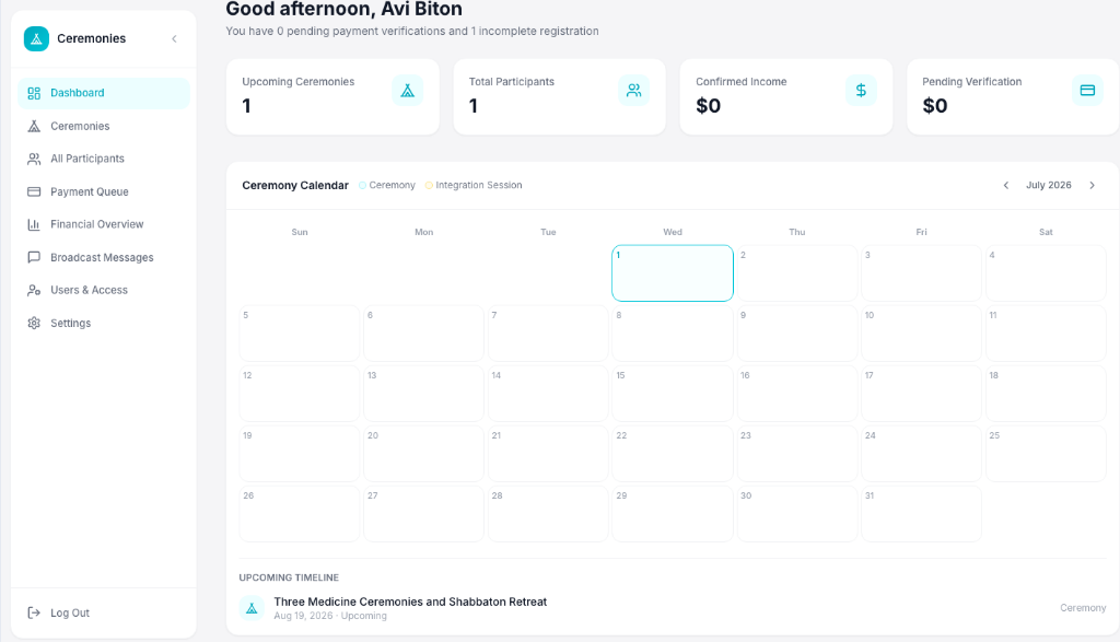 Dashboard with stat cards, ceremony calendar, and upcoming timeline