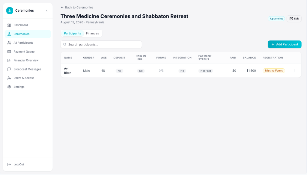 Ceremony Detail with Participants tab — roster with registration and payment status