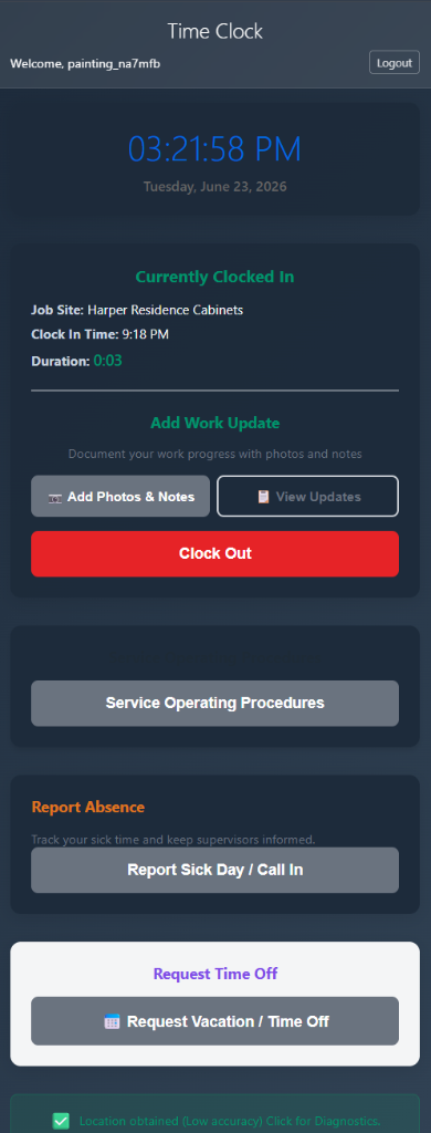 Real mobile contractor time clock interface