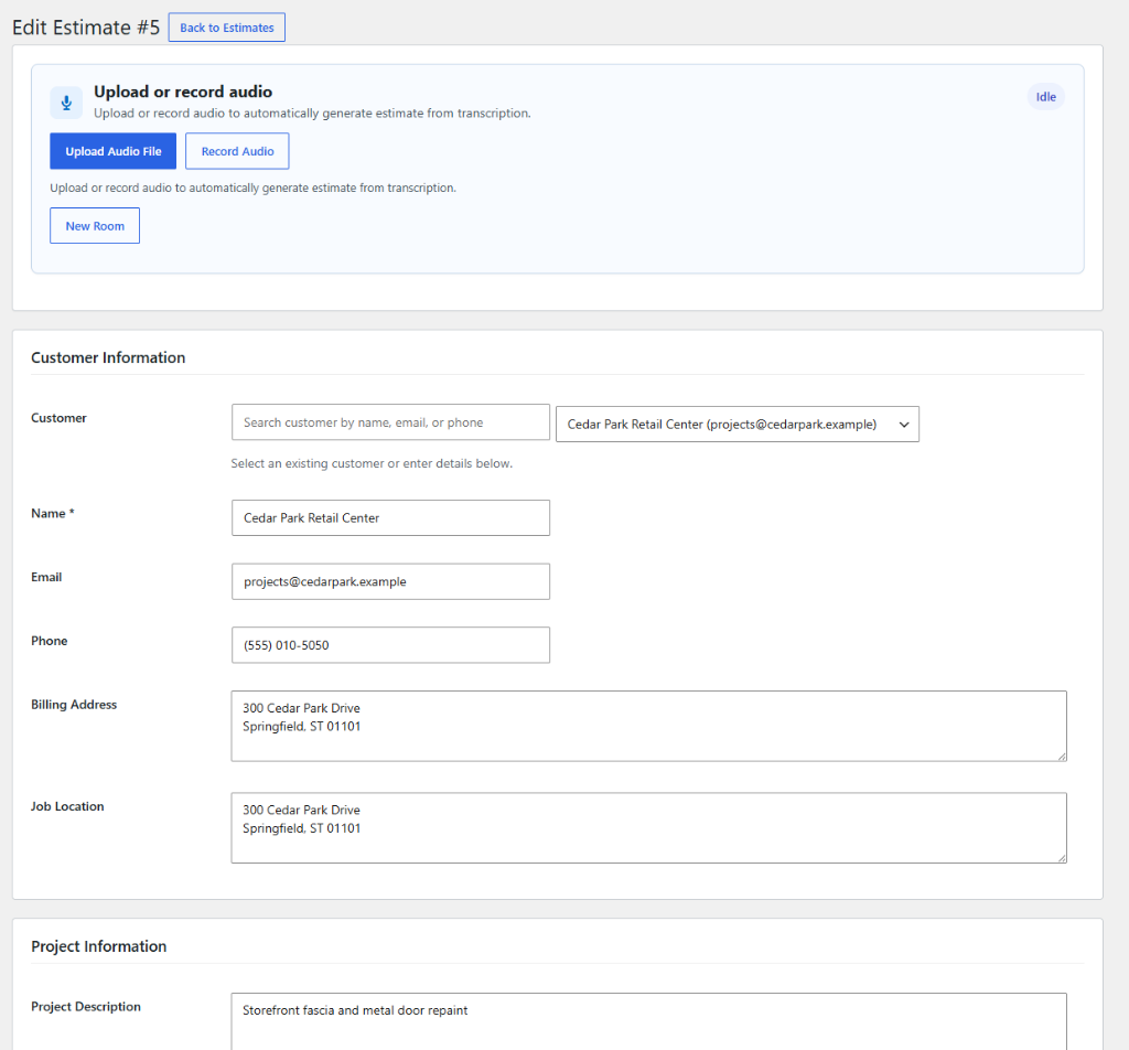 Real estimate editor with customer details, project information, and audio recording controls
